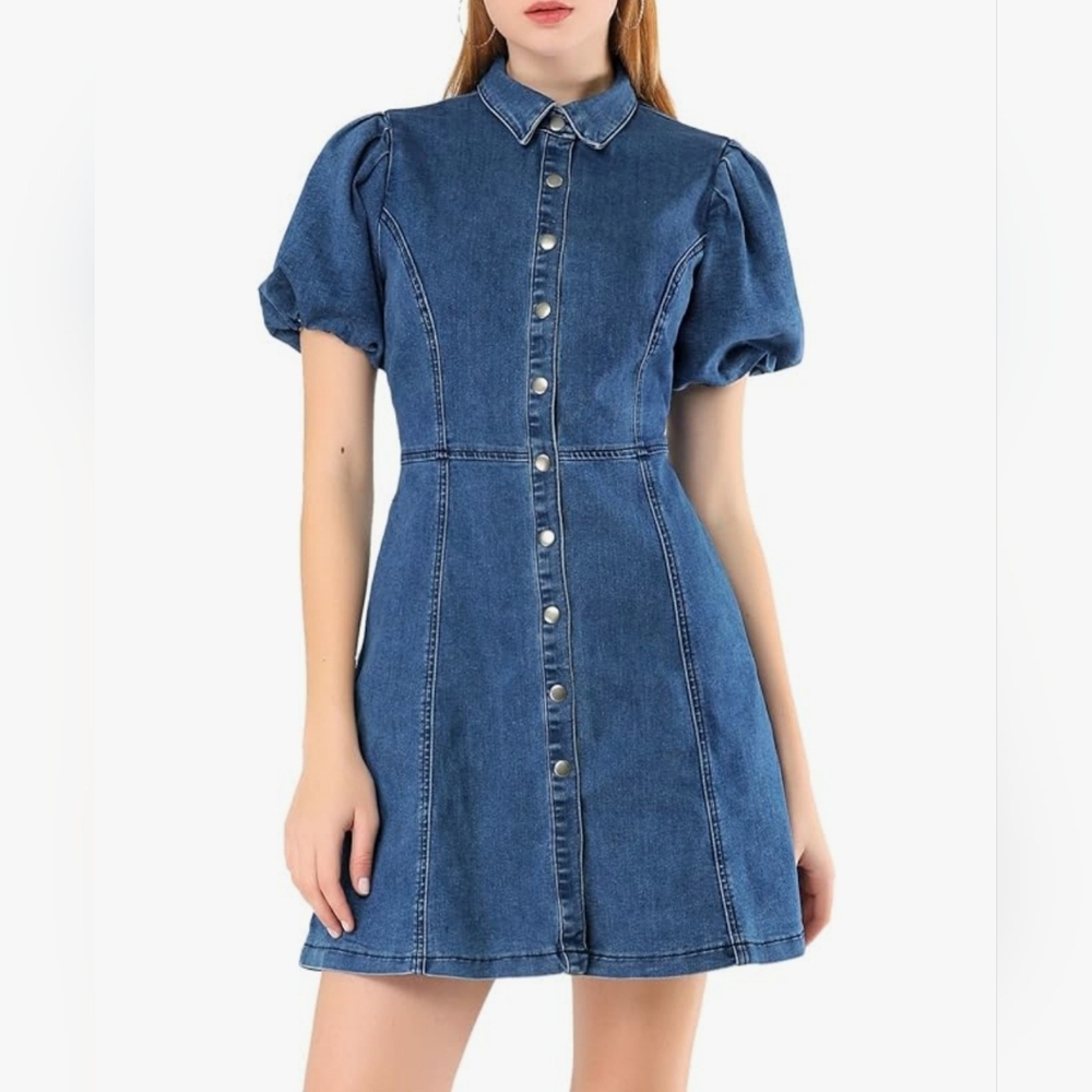 Allegra K Blue Denim Puff Sleeve Button Front Mini Dress